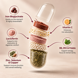 What is inside the capsule: iron bisglycinate, vitamin C, lactoferrin, B6, B12 and folate, zinc, selenium and copper
