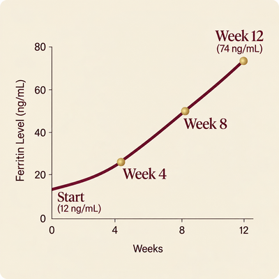 Ferritin rising from 12 to 74 ng/mL over twelve weeks