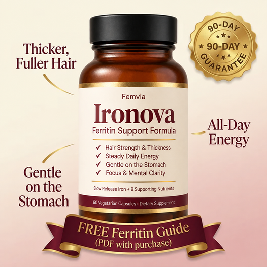 Ironova bottle, 90-day guarantee seal, free Ferritin Guide ribbon