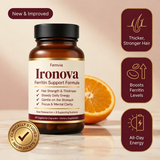 Ironova bottle with three benefit cards and a clinically-studied-ingredients seal