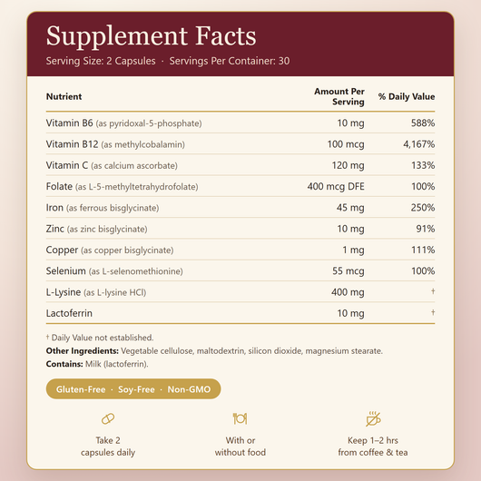 Ironova Supplement Facts - 10 actives, 2 capsules per serving